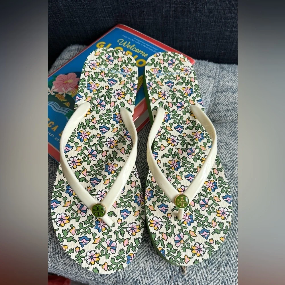 Tory Burch Wild Pansy Cream and Green Sandals with Floral Design